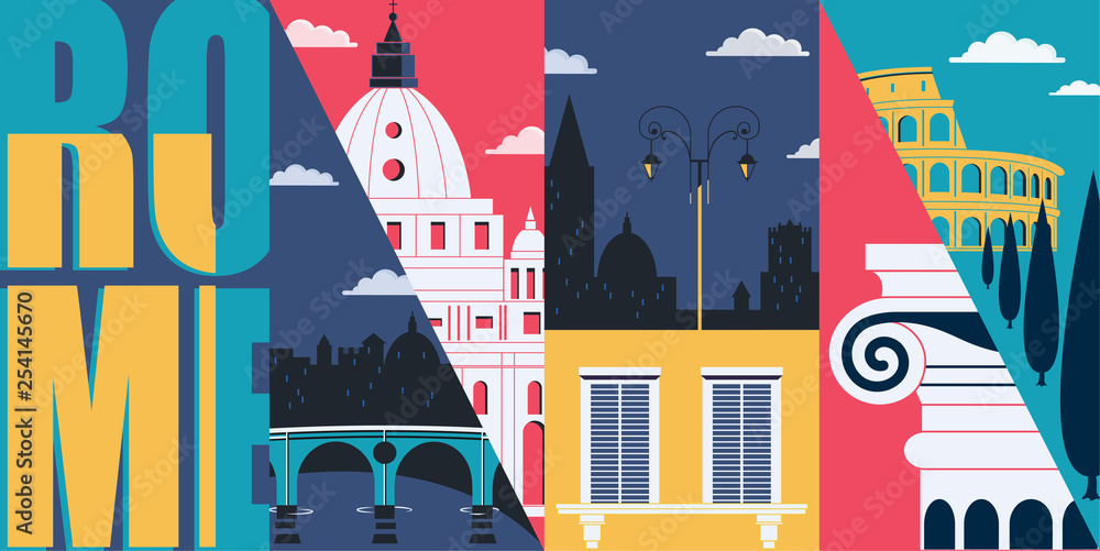 Poster rome, italy vector skyline illustration, postcard. travel to rome modern flat graphic design