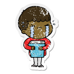 distressed sticker of a cartoon man crying