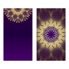 Yoga Card Template With Mandala Pattern. For Business Card, Fitness Center, Meditation Class. Vector Illustration. Luxury romantic purple gold color
