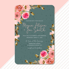 wedding invitation with pink green floral watercolor frame