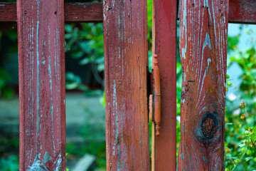 Peaked wooden fence with scorched red paint and one board missing, showing garden weeds.