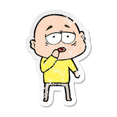 distressed sticker of a cartoon tired bald man
