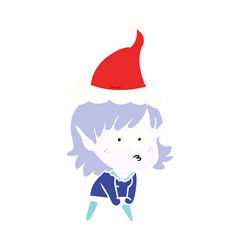 flat color illustration of a elf girl staring and crouching wearing santa hat
