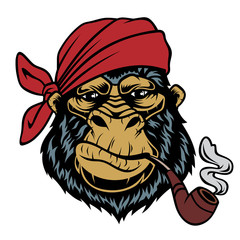 Monkey in a bandana with a smoking pipe.