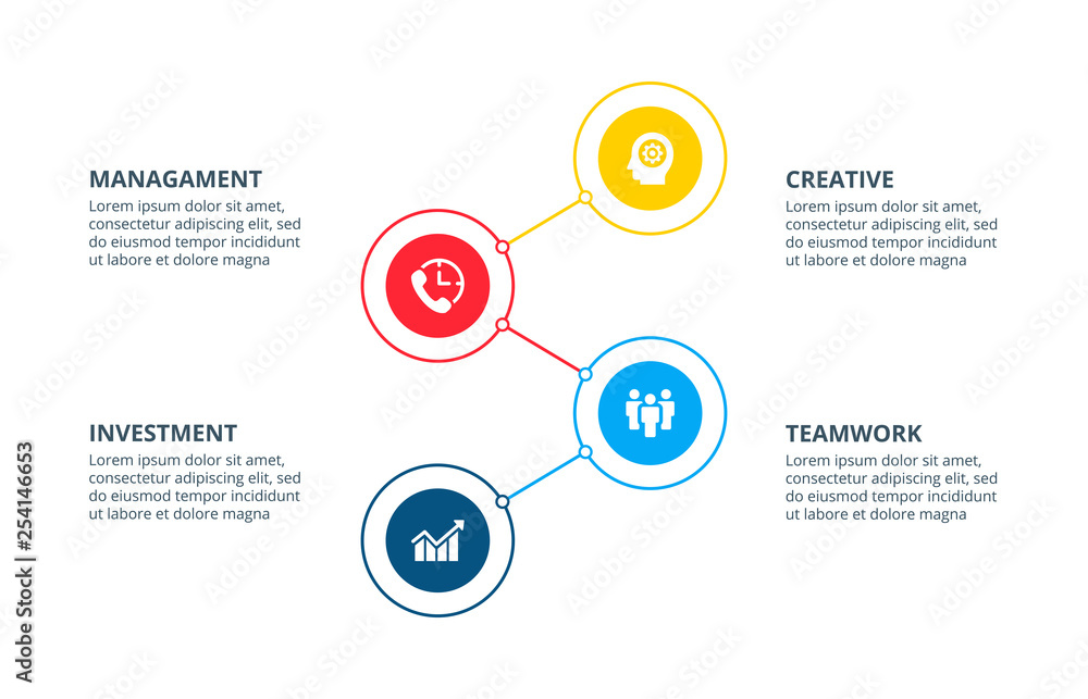 Aufkleber Infographic with 4 circle elements can be used for timeline or process chart. Steps presentation