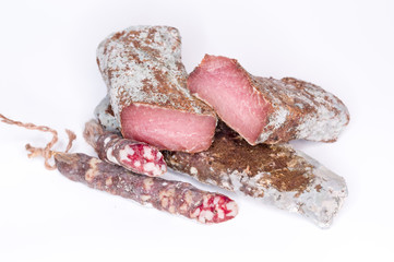 A variety of jerks. A set of meat snacks. Jerky with mold.