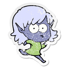 distressed sticker of a cartoon elf girl staring