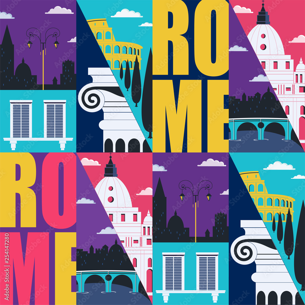 Wall mural Rome, Italy vector seamless pattern. Travel to Rome modern flat graphic design element