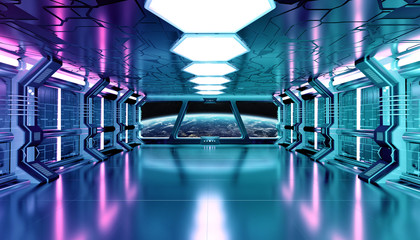 Dark blue pink spaceship futuristic interior with window view on planet Earth 3d rendering