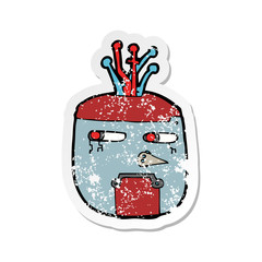 retro distressed sticker of a cartoon gold robot head