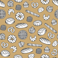 Bakery vector seamless pattern with engraved elements. Background design with bread, pastry, pie, buns, sweets, cupcake. Collection of modern linear graphic, food hand drawn sketches for bakery shop.