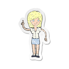 retro distressed sticker of a cartoon woman with idea