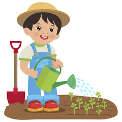 Cute Cartoon Boy With Watering Can. Young Farmer Working In The Garden. Colorful Simple Design Vector. Spring Gardening. Garden Watering Vector Illustration.