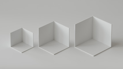 White cube boxes backdrop display on white background. 3D rendering.