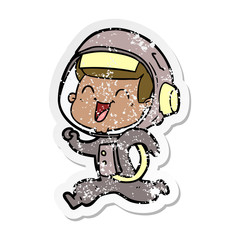 distressed sticker of a happy cartoon astronaut