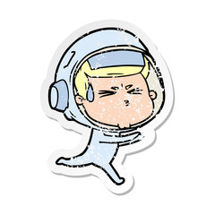 distressed sticker of a cartoon stressed astronaut