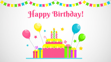 Birthday party flat vector cartoon greeting card.