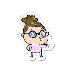 distressed sticker of a cartoon woman wearing glasses