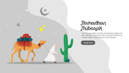 happy ramadan mubarak greeting concept with people character for web landing page template, banner, presentation, social, and print media. islamic eid fitr or adha flat design vector illustration