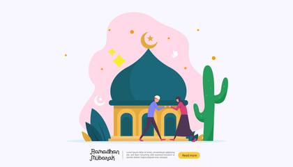 happy ramadan mubarak greeting concept with people character for web landing page template, banner, presentation, social, and print media. islamic eid fitr or adha flat design vector illustration
