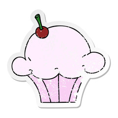 distressed sticker of a quirky hand drawn cartoon muffin