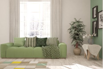 Green stylish minimalist room with sofa. Scandinavian interior design. 3D illustration