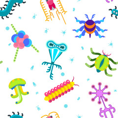 Seamless pattern with simplest microorganisms. Science of studying bacteria and viruses