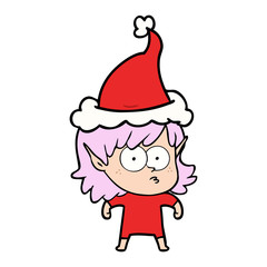line drawing of a elf girl staring wearing santa hat