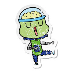 distressed sticker of a happy cartoon robot