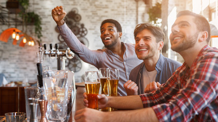 Football fans drinking beer, celebrating victory at bar