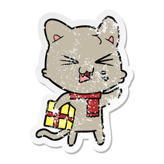 distressed sticker of a cartoon hissing cat