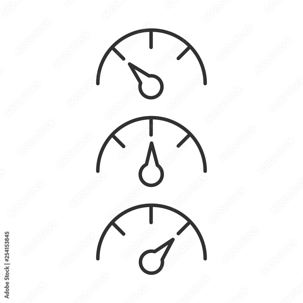 Poster gauge or speedometer line icon set shows different values, data and analytics, velocity sign, vector