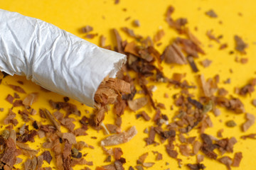 A crumpled cigarette with a row of scattered tobacco on a yellow background. Close up.
