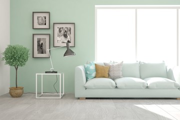 Blue stylish minimalist room with sofa. Scandinavian interior design. 3D illustration