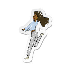 retro distressed sticker of a cartoon happy girl kicking out leg