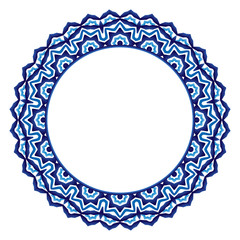 Ceramic tile pattern. Decorative round ornament. White background with art frame. Islamic, indian, arabic motifs.