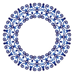 Ceramic tile pattern. Decorative round ornament. White background with art frame. Islamic, indian, arabic motifs.