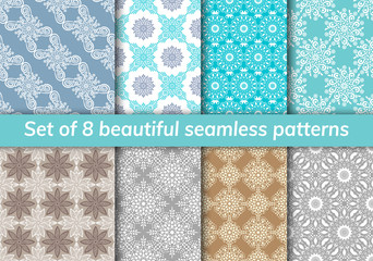 Pattern set arabic, indian, japanese, islamic motifs. Collection of 8 patterns. Mandala seamless pattern.