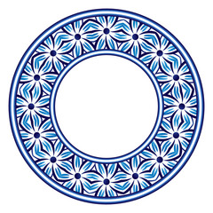 Ceramic tile pattern. Decorative round ornament. White background with art frame. Islamic, indian, arabic motifs.