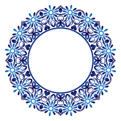 Ceramic tile pattern. Decorative round ornament. White background with art frame. Islamic, indian, arabic motifs.