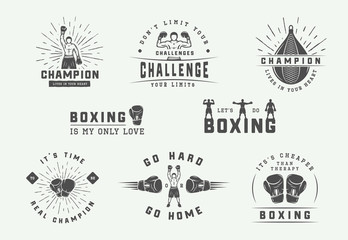 Boxing and martial arts logo badges and labels in vintage style. Motivational posters with inspirational quotes. Vector illustration