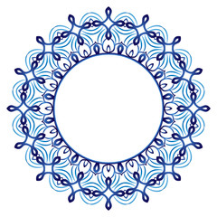 Ceramic tile pattern. Decorative round ornament. White background with art frame. Islamic, indian, arabic motifs.