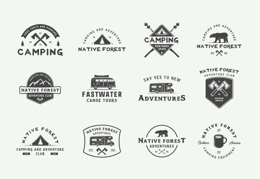 Set of vintage camping outdoor and adventure logos, badges, labels, emblems, marks and design elements. Graphic Art. Vector Illustration.