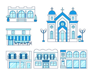 Line art set of houses with balcony, church, shop, cafe with chairs and tables outdoors, cityscape concept, town street, estate collection, vector