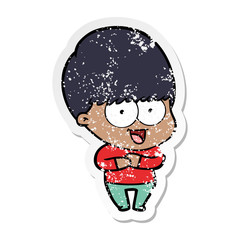 distressed sticker of a happy cartoon boy