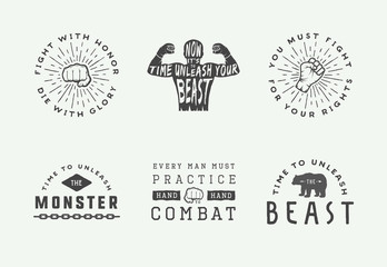 Boxing and martial arts logo badges and labels in vintage style. Motivational posters with inspirational quotes. Vector illustration.