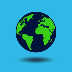 Flat design of Earth globe isolated on blue background. Flat planet icon. Vector illustration.