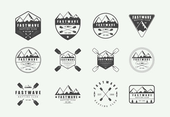 Set of vintage rafting logo, labels and badges. Graphic Art. Vector illustration. - obrazy, fototapety, plakaty