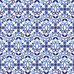 Ceramic tile pattern. Islamic, indian, arabic motifs. Damask seamless pattern. Porcelain ethnic bohemian background.  Abstract flower. Print for fabric and paper