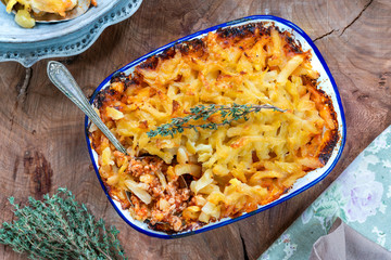 Swiss style potato rosti and pork bake